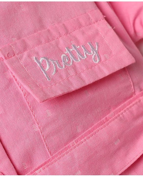 Babyhug Cotton Woven Half Sleeves One Piece Shirt Dress with Text Embroidery & Belt - Pink
