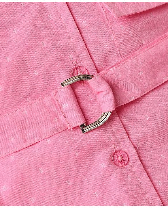 Babyhug Cotton Woven Half Sleeves One Piece Shirt Dress with Text Embroidery & Belt - Pink