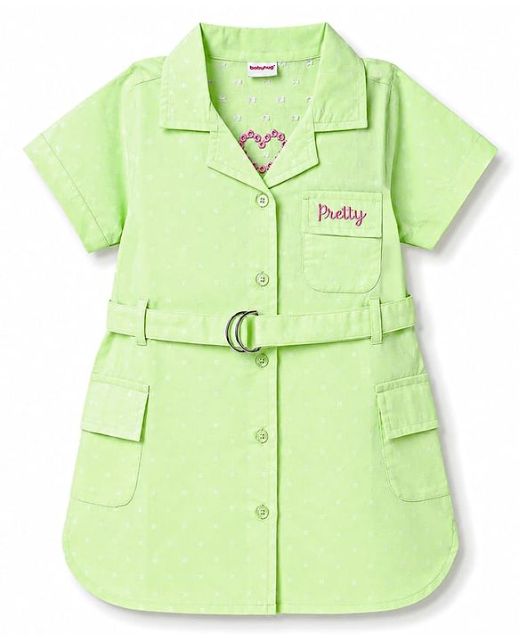 Babyhug Cotton Woven Half Sleeves One Piece Shirt Dress with Text Embroidery & Belt - Light Green