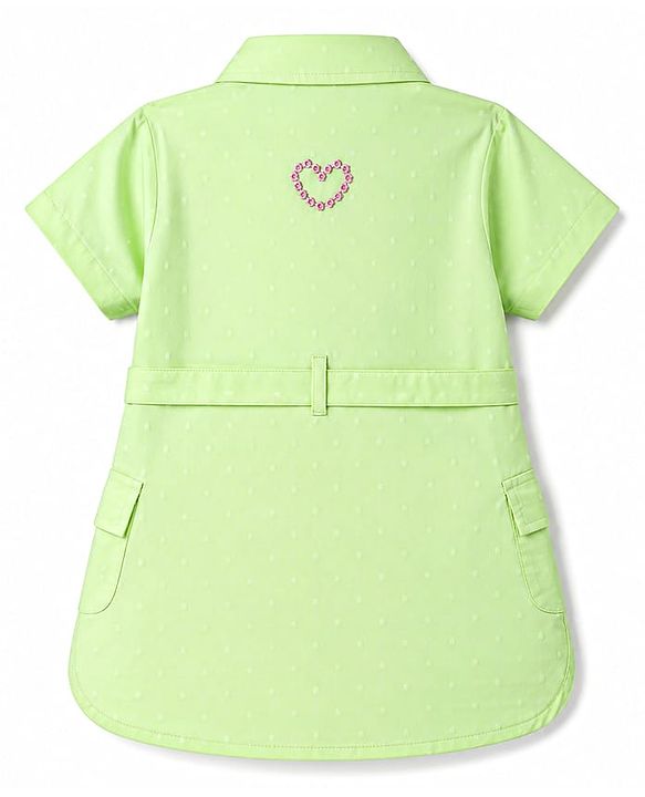 Babyhug Cotton Woven Half Sleeves One Piece Shirt Dress with Text Embroidery & Belt - Light Green