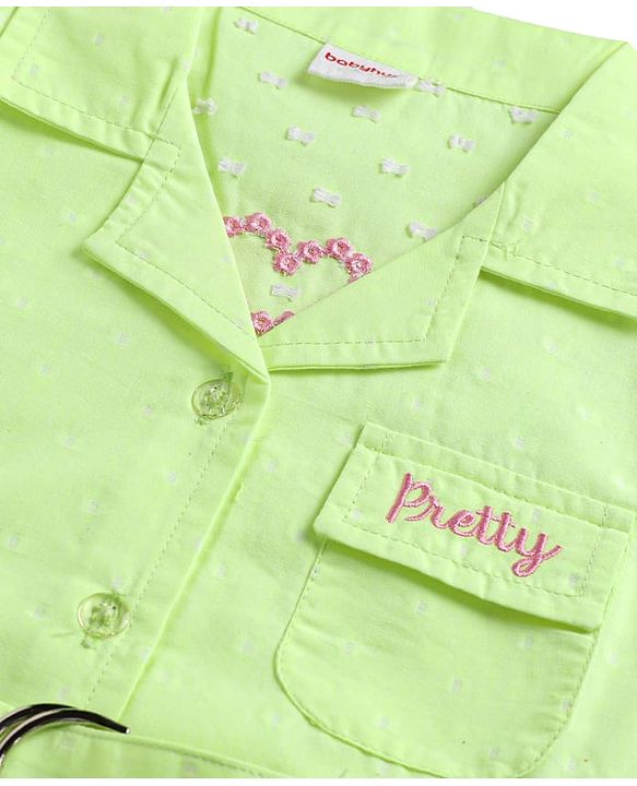 Babyhug Cotton Woven Half Sleeves One Piece Shirt Dress with Text Embroidery & Belt - Light Green