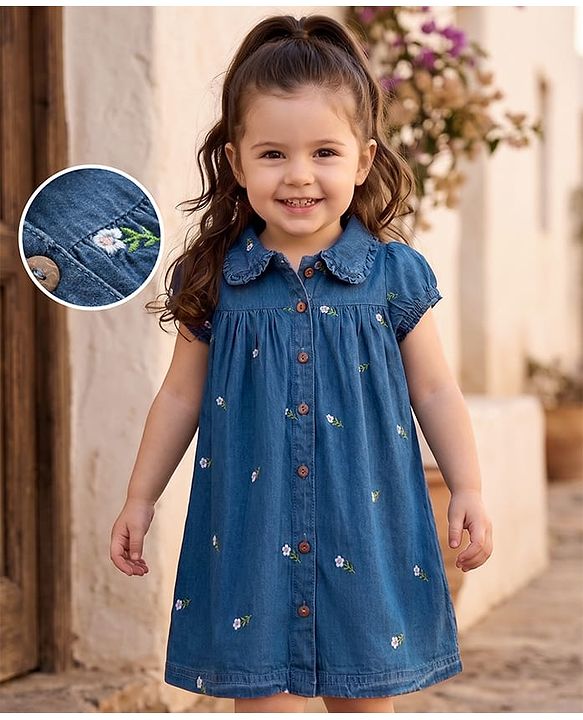 Babyhug Cotton Woven One Piece Dresses / Frocks with Peter Pan Collar and All Over Prints Navy Blue 5-6 Years