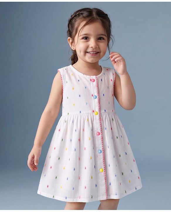 Babyhug 100% Cotton Woven One Piece Dress Sleeveless Round Neck with Front Buttons White 6-9 Months