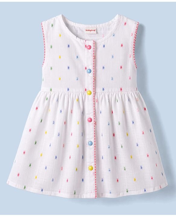 Babyhug 100% Cotton Woven One Piece Dress Sleeveless Round Neck with Front Buttons White 6-9 Months