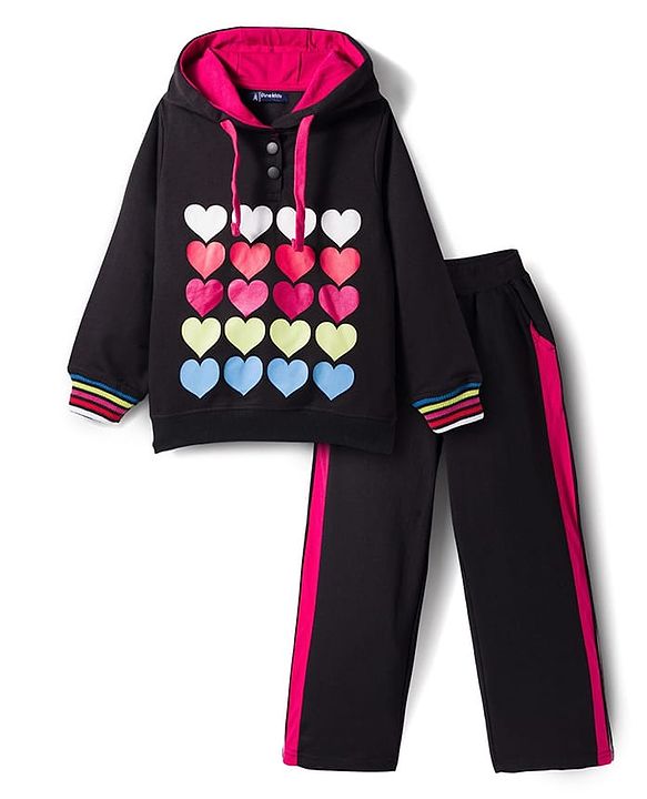 Pine Kids Looper Knit Full Sleeves Hooded Sweatshirt & Pant Winter Wear Suit With Heart Print - Black