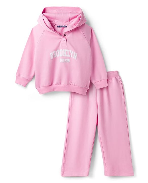 Pine Kids Looper Knit Full Raglan Sleeves Text Printed Hooded Winter Wear Sweat Jacket  & Lounge Pant Set - Pink