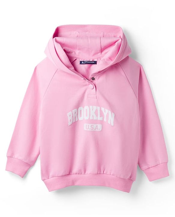 Pine Kids Looper Knit Full Raglan Sleeves Text Printed Hooded Winter Wear Sweat Jacket  & Lounge Pant Set - Pink
