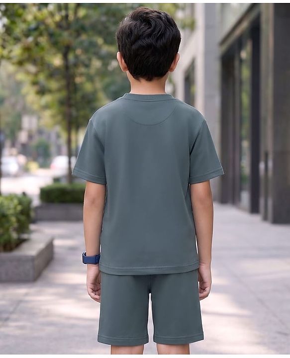 Pine Kids Looper Knit Half Sleeves Solid T-Shirt & Shorts Set - Charcoal Grey