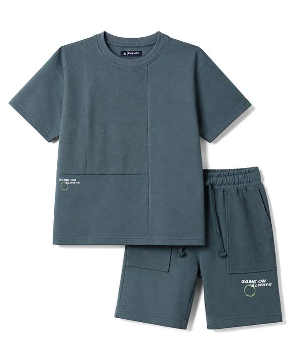 Pine Kids Looper Knit Half Sleeves Solid T-Shirt & Shorts Set - Charcoal Grey