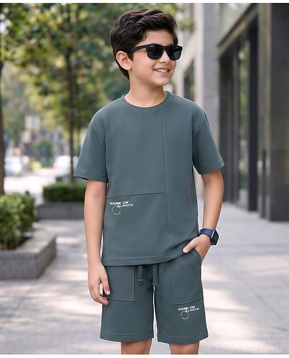 Pine Kids Looper Knit Half Sleeves Solid T-Shirt & Shorts Set - Charcoal Grey