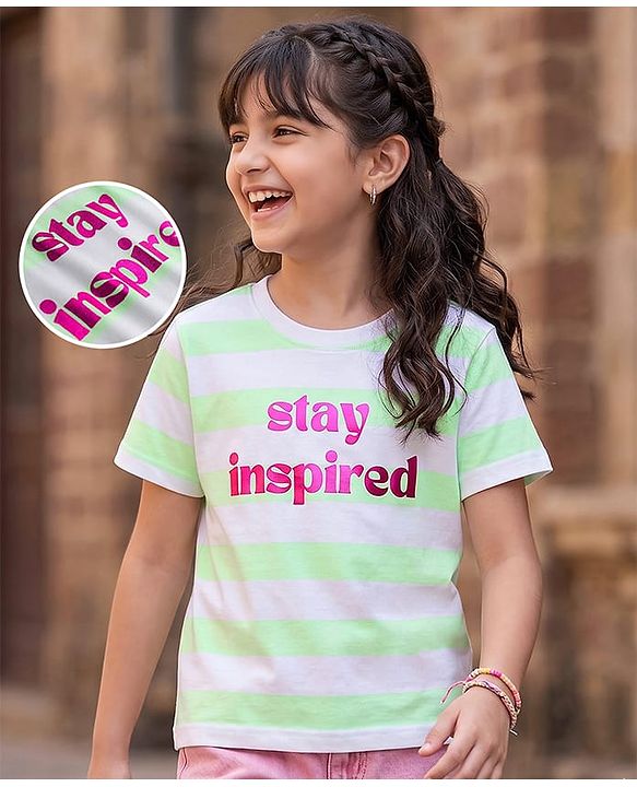 Pine Kids Cotton Knit T-Shirts Striped Round Neck Half Sleeves White 4-5 Years