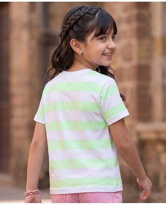 Pine Kids Cotton Knit T-Shirts Striped Round Neck Half Sleeves White 4-5 Years