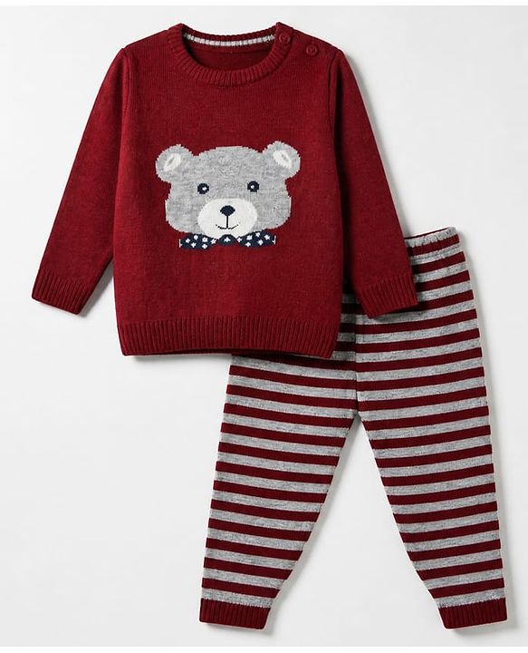 Babyhug Knit Full Sleeves Stripped Sweater Set with Teddy Design - Maroon