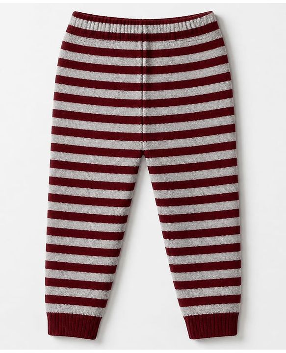 Babyhug Knit Full Sleeves Stripped Sweater Set with Teddy Design - Maroon