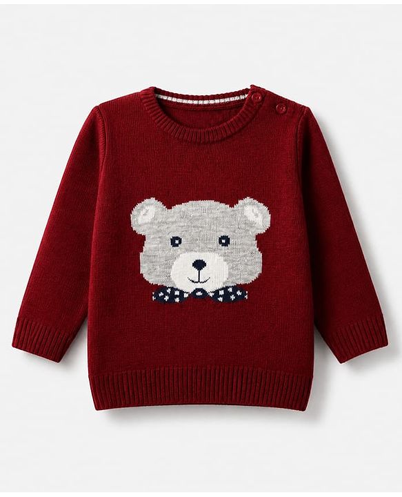 Babyhug Knit Full Sleeves Stripped Sweater Set with Teddy Design - Maroon