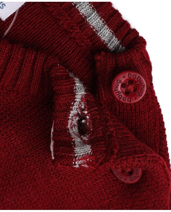 Babyhug Knit Full Sleeves Stripped Sweater Set with Teddy Design - Maroon
