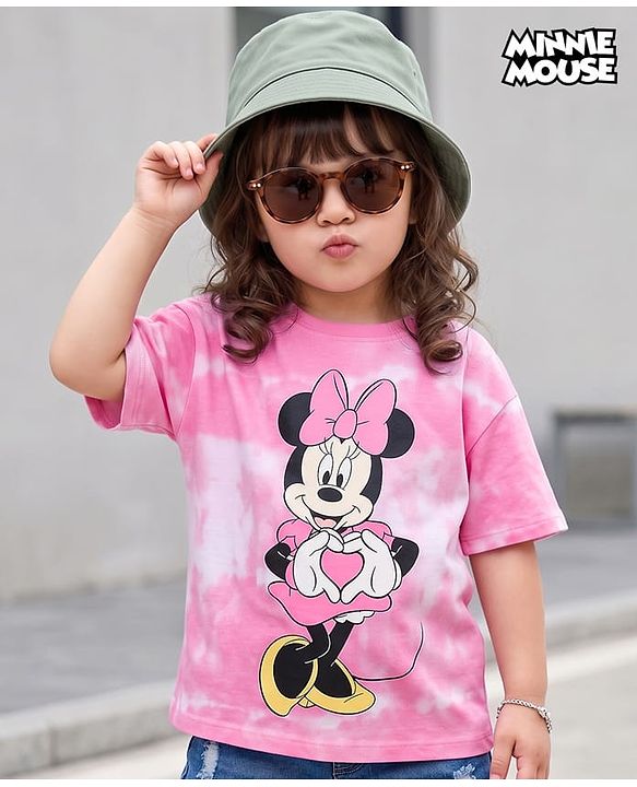 Babyhug Disney Cotton Knit Half Sleeve Tie & Dye T-Shirt  with Minnie Mouse Graphics - Pink