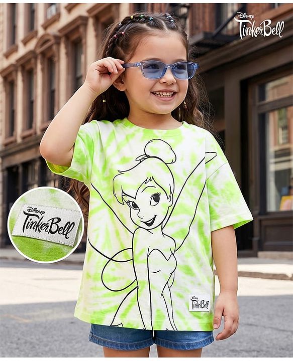 Babyhug Disney Single Jersey Knit Half Sleeve Tie & Dye T-Shirt with Tinker Bell Graphics - Light Green