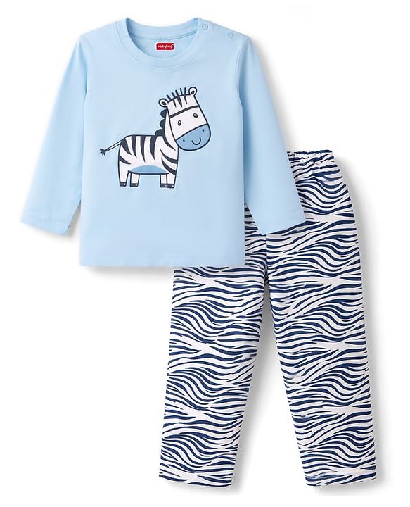 Babyhug 100% Cotton Knit Full Sleeves T-Shirt & Pyjama Night Suit with Zebra Print - Blue