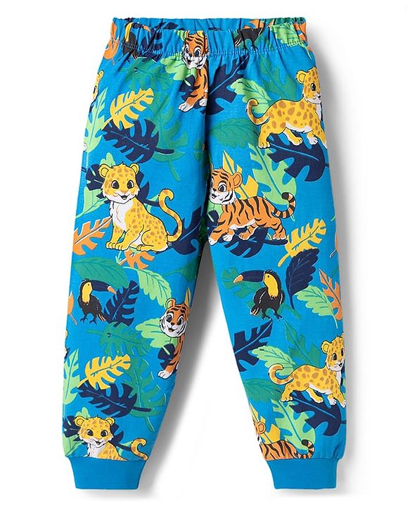 Babyhug Cotton Knit Full Sleeves Tiger Printed T-Shirt & Pyjama Night Suit - Blue