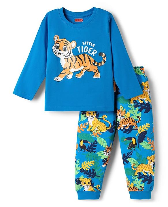 Babyhug Cotton Knit Full Sleeves Tiger Printed T-Shirt & Pyjama Night Suit - Blue