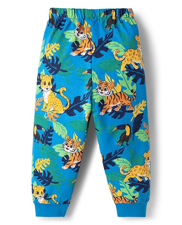Babyhug Cotton Knit Full Sleeves Tiger Printed T-Shirt & Pyjama Night Suit - Blue
