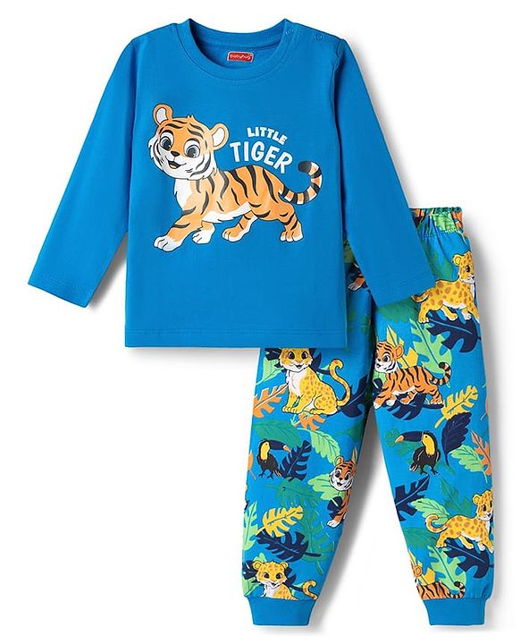 Babyhug Cotton Knit Full Sleeves Tiger Printed T-Shirt & Pyjama Night Suit - Blue