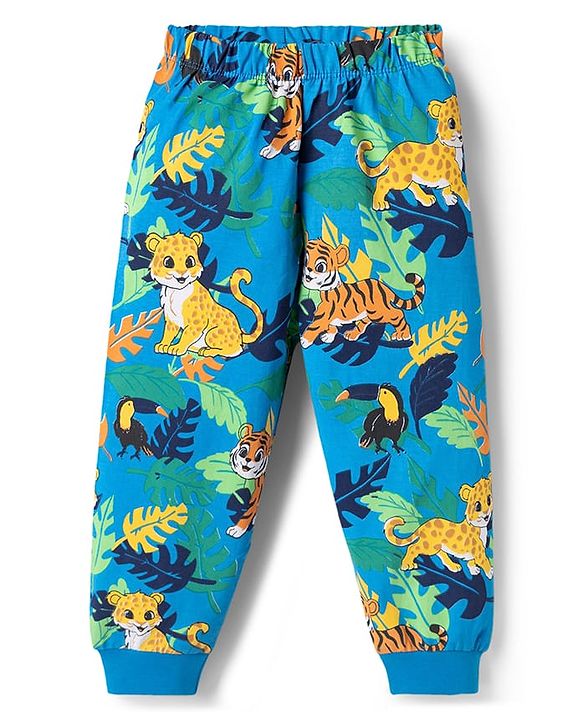Babyhug Cotton Knit Full Sleeves Tiger Printed T-Shirt & Pyjama Night Suit - Blue