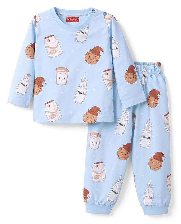 Babyhug Cotton Knit Full Sleeves T-Shirt & Pyjama Co-ord Night Suit with Milk & Cookies Print - Blue