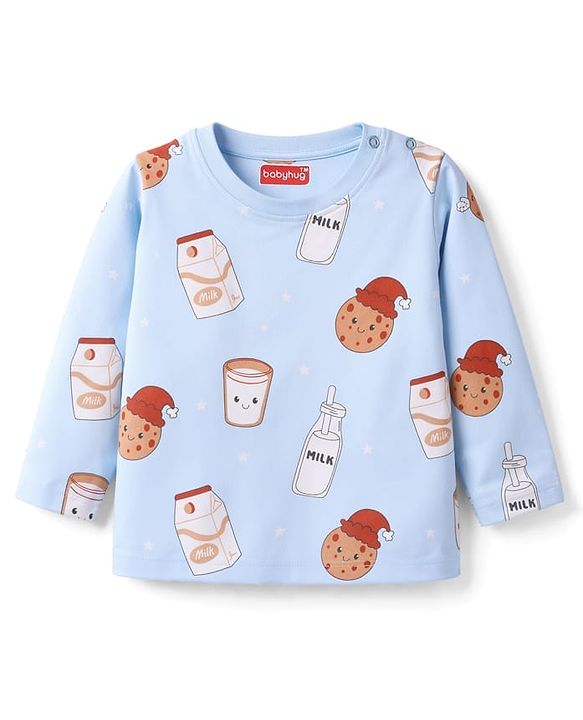 Babyhug Cotton Knit Full Sleeves T-Shirt & Pyjama Co-ord Night Suit with Milk & Cookies Print - Blue