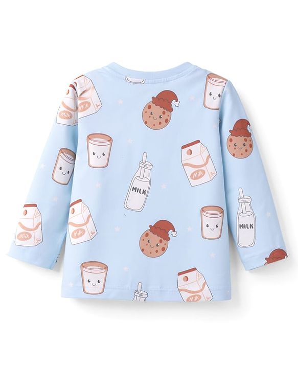 Babyhug Cotton Knit Full Sleeves T-Shirt & Pyjama Co-ord Night Suit with Milk & Cookies Print - Blue