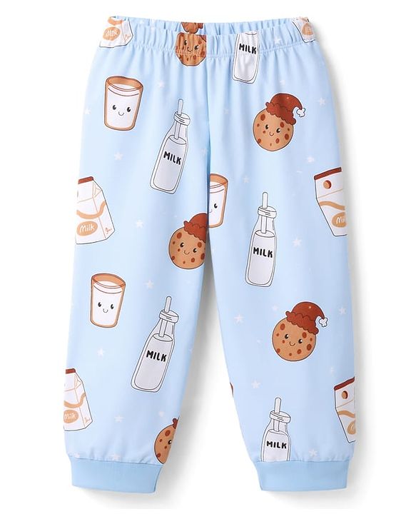 Babyhug Cotton Knit Full Sleeves T-Shirt & Pyjama Co-ord Night Suit with Milk & Cookies Print - Blue