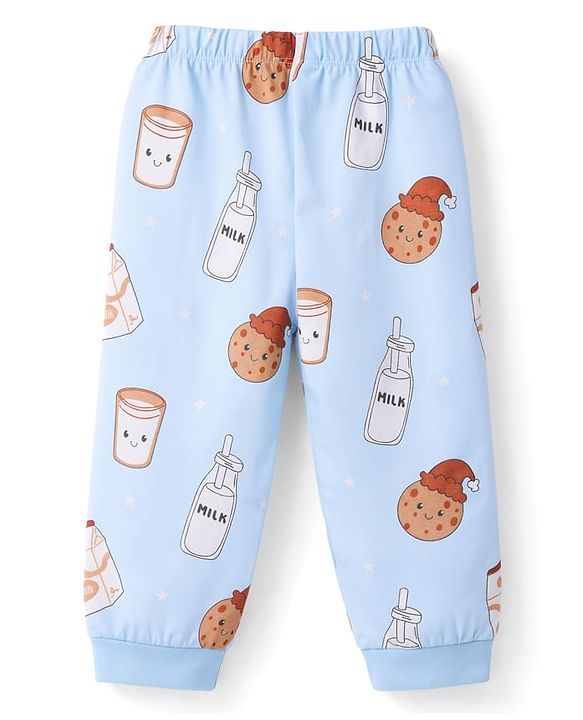 Babyhug Cotton Knit Full Sleeves T-Shirt & Pyjama Co-ord Night Suit with Milk & Cookies Print - Blue