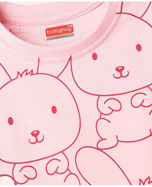 Babyhug Cotton Knit Half Sleeves Bunny Printed Co-Ords T-Shirt & Pyjama Night Suit - Pink
