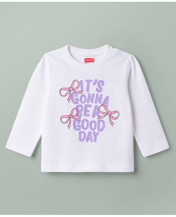 Babyhug 100% Cotton Knit Full Sleeves Bow Text Printed T-Shirt & Pyjama Night Suit - White