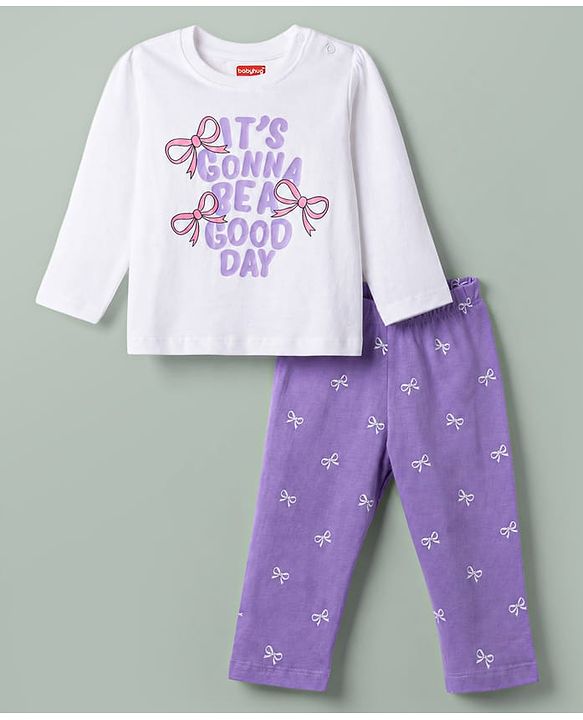 Babyhug 100% Cotton Knit Full Sleeves Bow Text Printed T-Shirt & Pyjama Night Suit - White