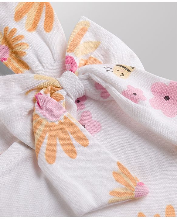 Babyhug 100% Cotton Single Jersey Knit Sleeveless Floral Printed Frock With Bow Applique - White