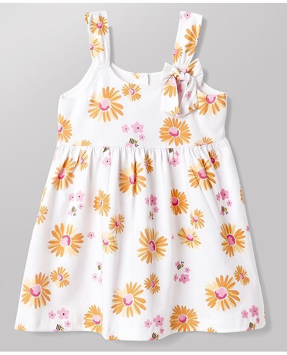 Babyhug 100% Cotton Single Jersey Knit Sleeveless Floral Printed Frock With Bow Applique - White