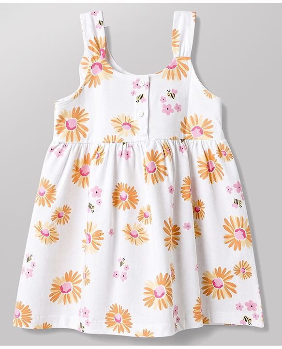 Babyhug 100% Cotton Single Jersey Knit Sleeveless Floral Printed Frock With Bow Applique - White