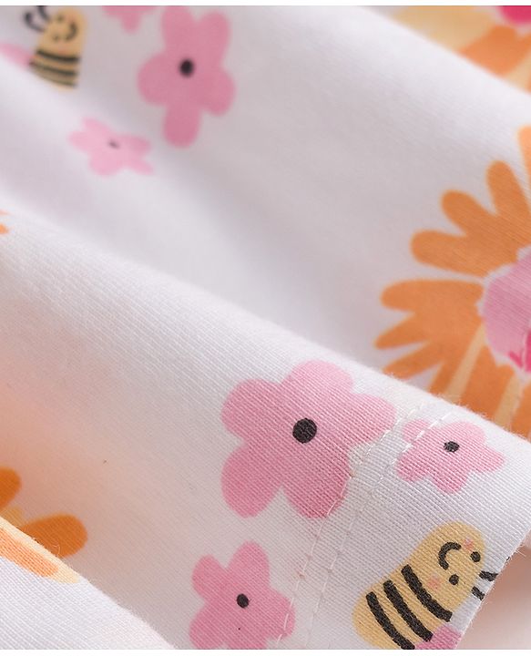 Babyhug 100% Cotton Single Jersey Knit Sleeveless Floral Printed Frock With Bow Applique - White