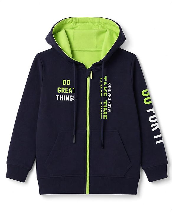Pine Kids Cotton Knit Sweatshirt with Full Sleeves and Slogan Print - Navy Blue