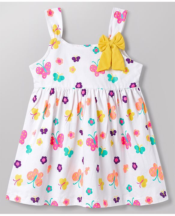 Babyhug 100% Cotton Knit Sleeveless Floral & Butterfly Printed Frock With Bow Applique - White