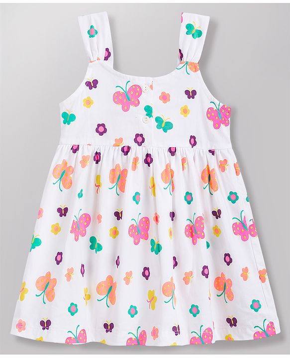 Babyhug 100% Cotton Knit Sleeveless Floral & Butterfly Printed Frock With Bow Applique - White