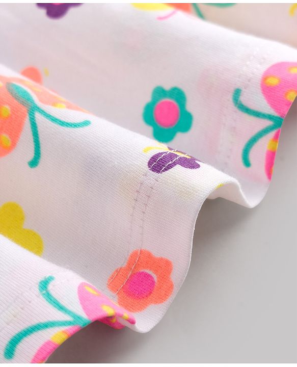 Babyhug 100% Cotton Knit Sleeveless Floral & Butterfly Printed Frock With Bow Applique - White