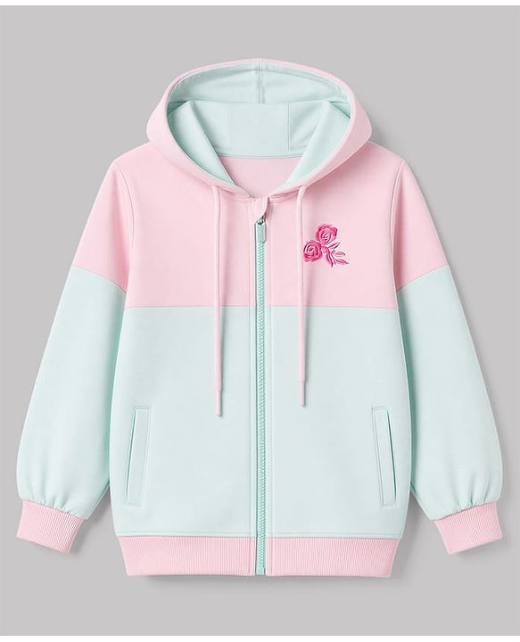 Pine Kids Cotton Knit Sweatshirts with Full Sleeves and Floral Embroidery - Pink & Sea Green