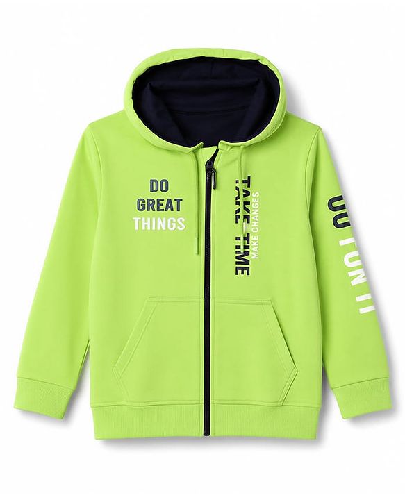 Pine Kids 100% Cotton Knit Full Sleeves Text Printed Hooded Sweatjacket With Kangaroo Pockets - Lime Green
