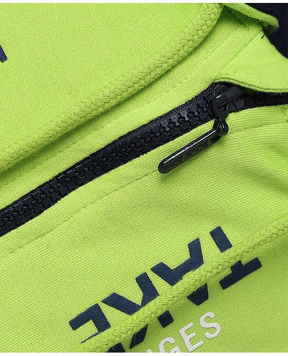 Pine Kids 100% Cotton Knit Full Sleeves Text Printed Hooded Sweatjacket With Kangaroo Pockets - Lime Green