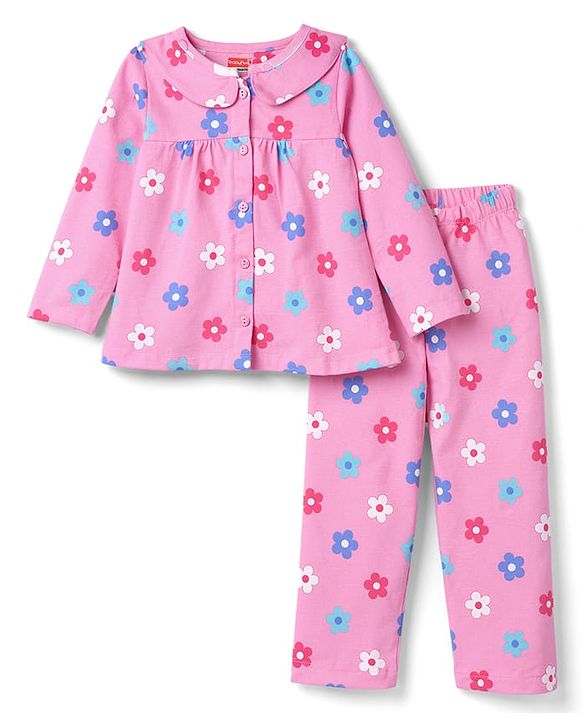 Babyhug Cotton Knit Full Sleeves Top & Pyjama Co-ord Night Suit with Floral Print - Pink