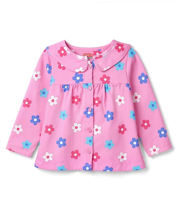 Babyhug Cotton Knit Full Sleeves Top & Pyjama Co-ord Night Suit with Floral Print - Pink