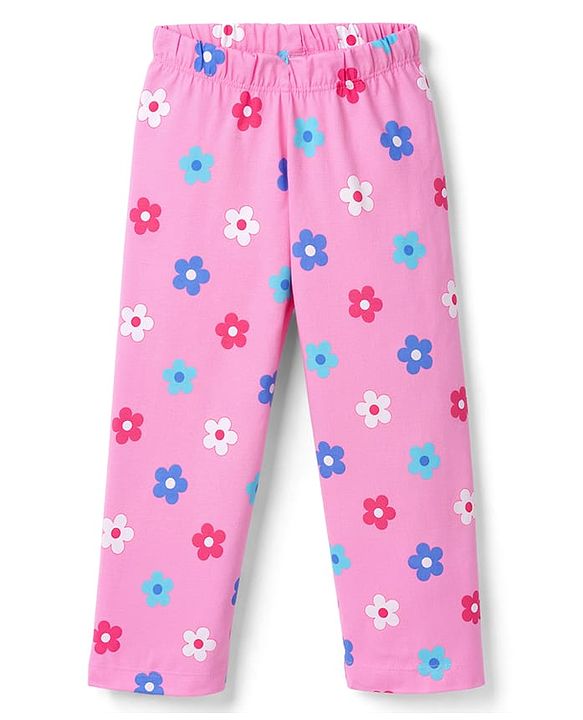 Babyhug Cotton Knit Full Sleeves Top & Pyjama Co-ord Night Suit with Floral Print - Pink
